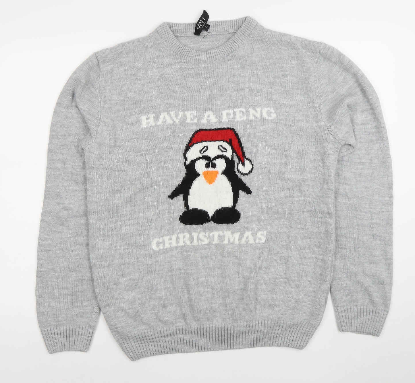 boohooMAN Men Grey Christmas Penguin Knit Jumper L