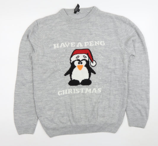 boohooMAN Men Grey Christmas Penguin Knit Jumper L