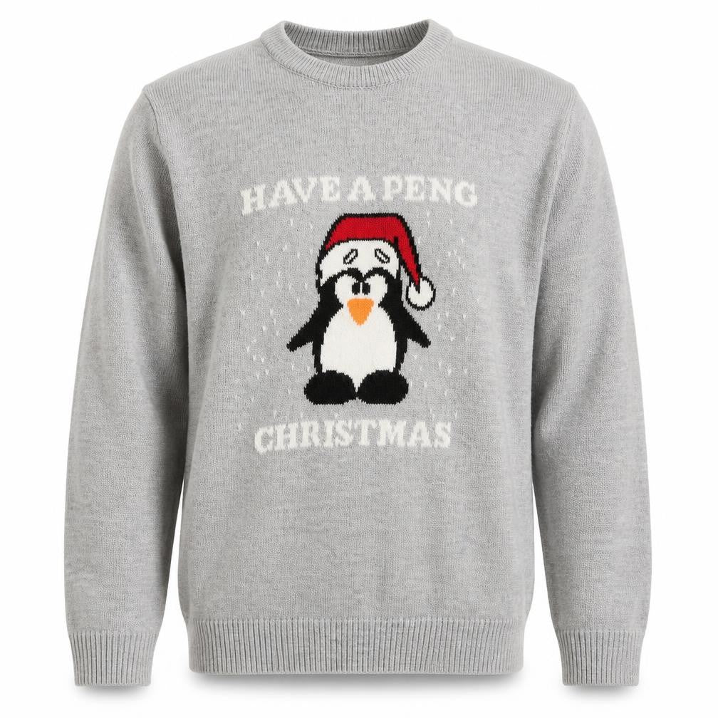Front view of boohooMAN Men Grey Christmas Penguin Knit Jumper L
