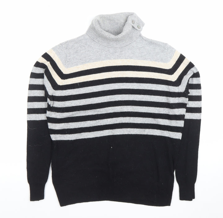CC Women Grey Black Striped Roll Neck Long Sleeve Jumper M