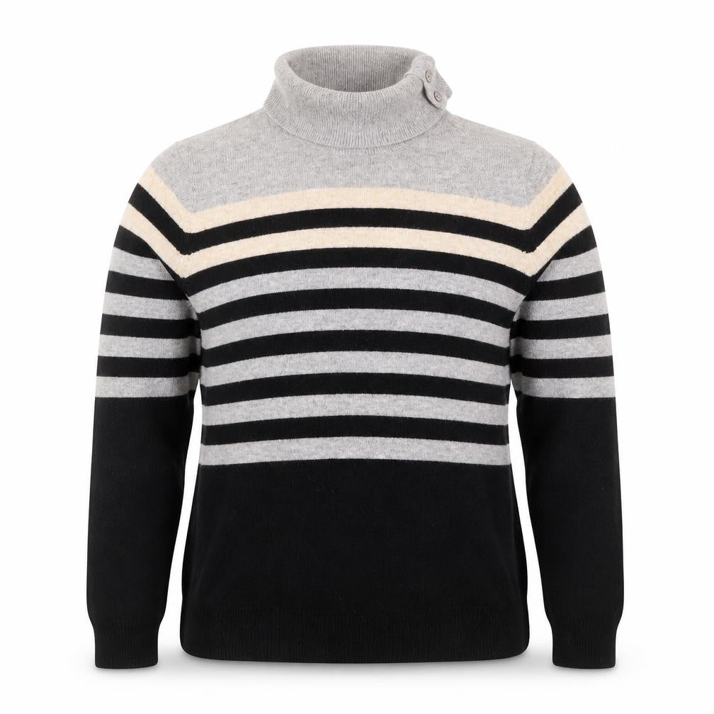 Front view of Country Casuals Women Grey Black Striped Roll Neck Long Sleeve Jumper M