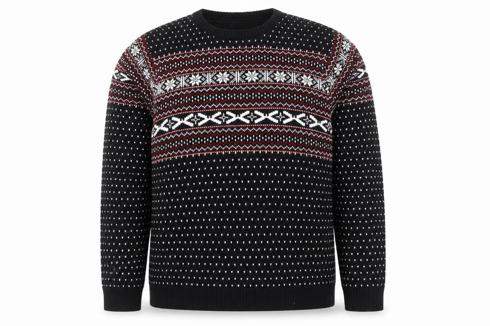 Front view of Cedarwood State Men's Black Fair Isle 2XL Acrylic jumper
