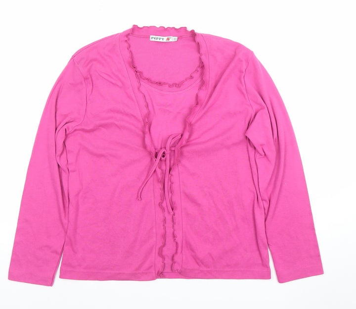 Poppy Womens Pink Long Sleeve Ruffle Tie Front Basic Top Size 16