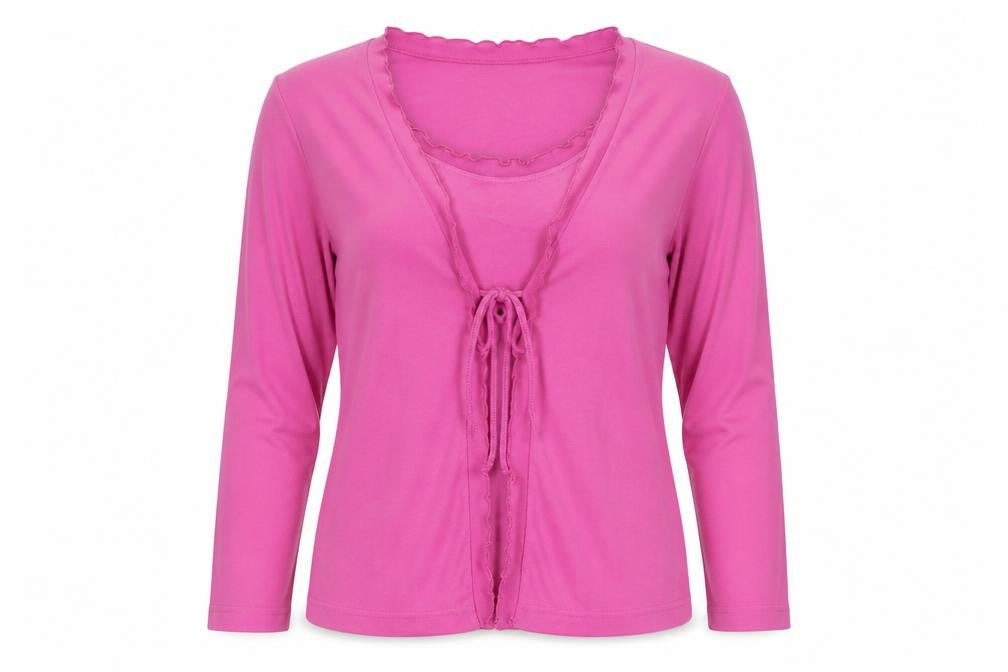 Front view of Poppy women’s pink long sleeve ruffle tie front basic top, size UK 16