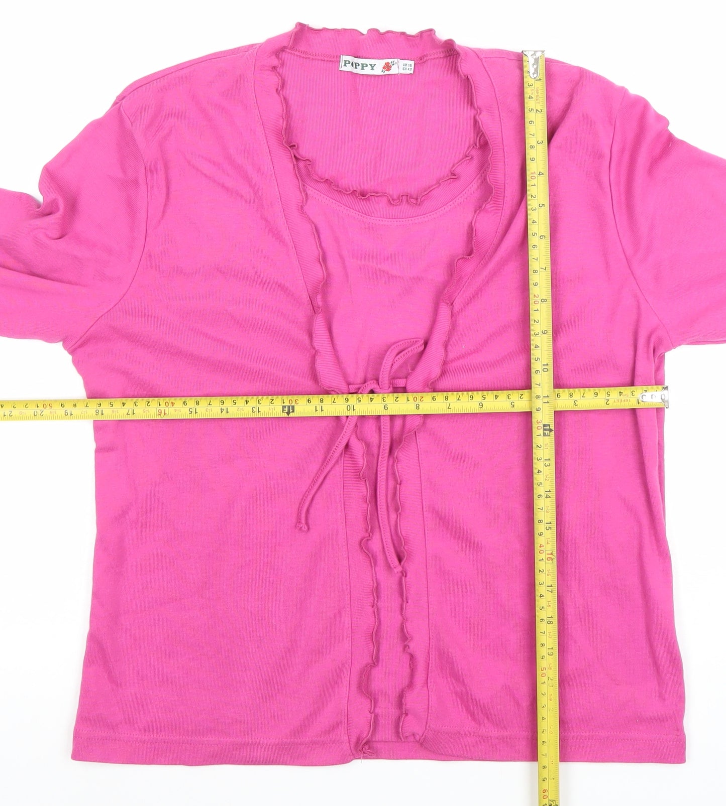 Poppy Womens Pink Long Sleeve Ruffle Tie Front Basic Top Size 16