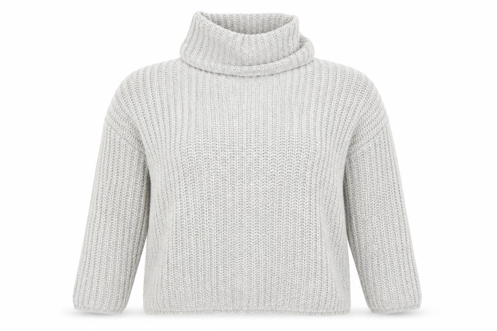 Front view of Onfire women’s grey roll neck chunky knit jumper, size UK 12
