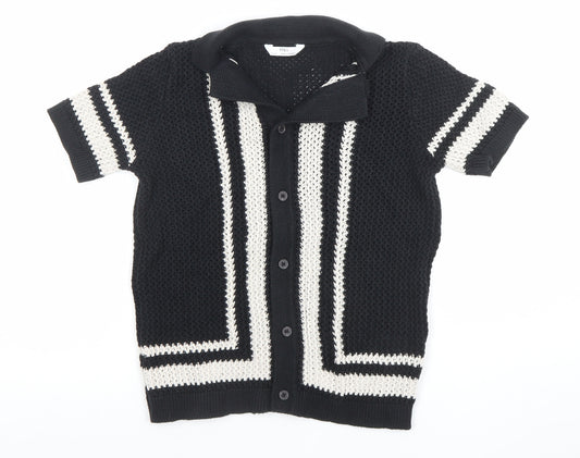 Marks and Spencer Boys Black Mix Button-Up Short Sleeve Knitted Shirt Age 9-10
