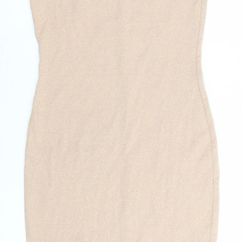 Pull&Bear Women Beige L Bodycon Knit Sleeveless Scoop Neck Dress