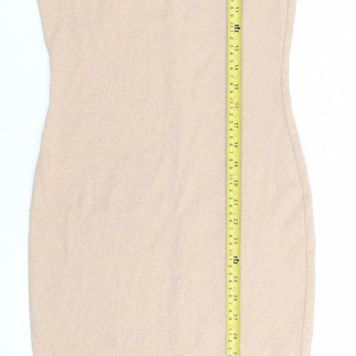 Pull&Bear Women Beige L Bodycon Knit Sleeveless Scoop Neck Dress