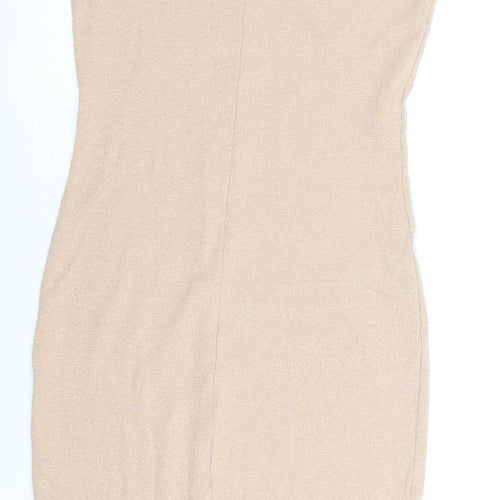 Pull&Bear Women Beige L Bodycon Knit Sleeveless Scoop Neck Dress