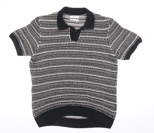 Marks and Spencer Men's Black Striped Cotton Blend Knit Polo Shirt L