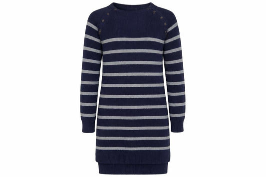 Front view of JoJo Maman Bébé Women Blue Striped Cotton Knit Jumper Dress S Maternity