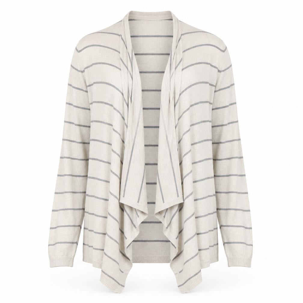 Front view of FatFace Women's Beige Striped Cardigan, size 12, Lightweight Knit