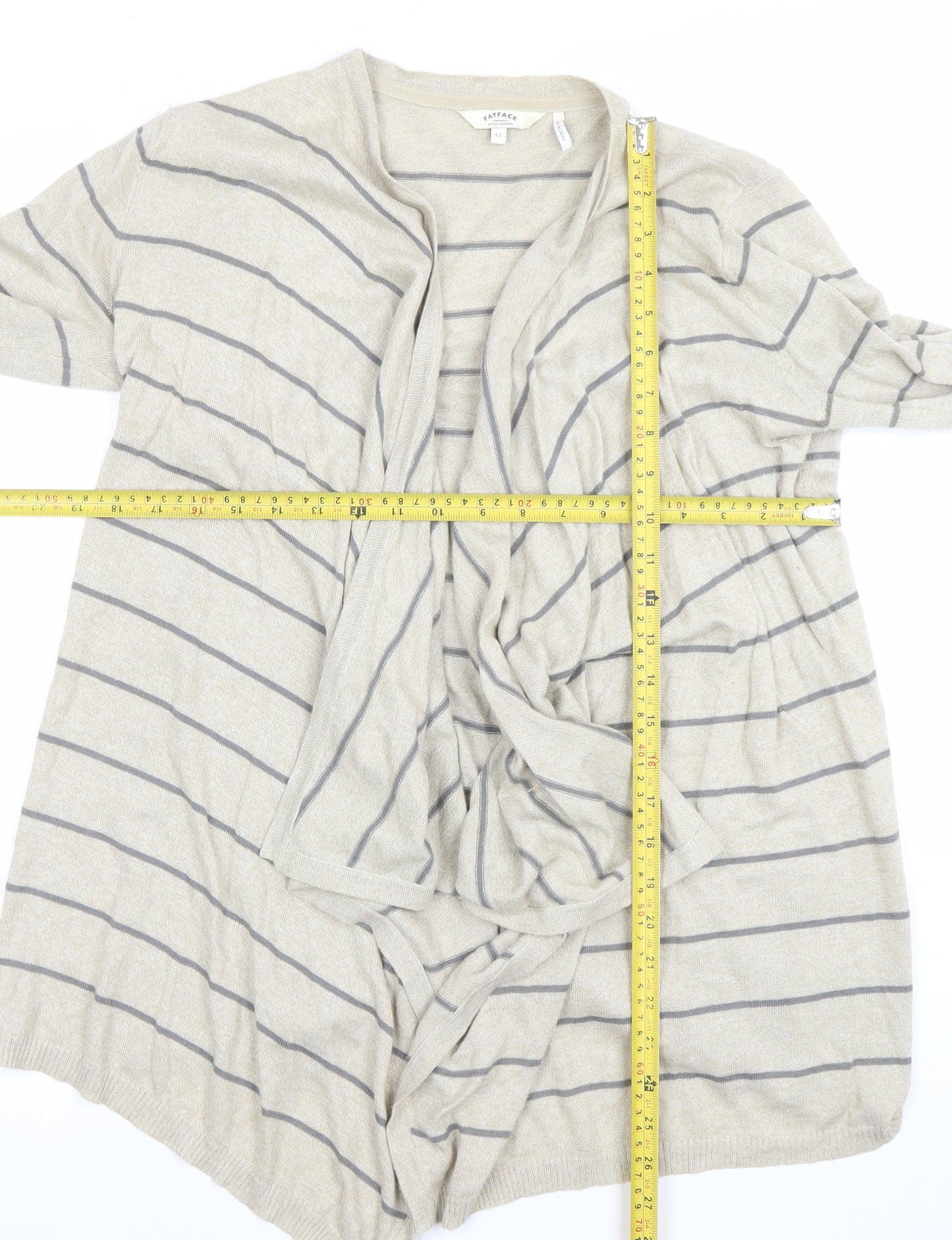 FatFace Women's Beige Striped Cardigan Size 12 Lightweight Knit