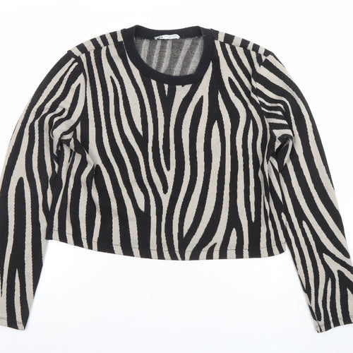 ZARA Women Black Beige Zebra Print Cropped Knit Top L