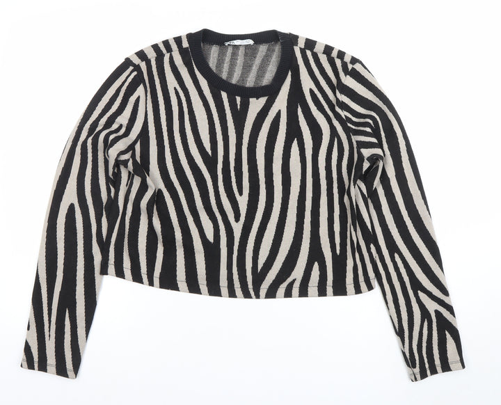 ZARA Women Black Beige Zebra Print Cropped Knit Top L