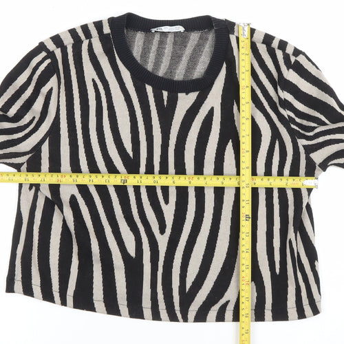 ZARA Women Black Beige Zebra Print Cropped Knit Top L