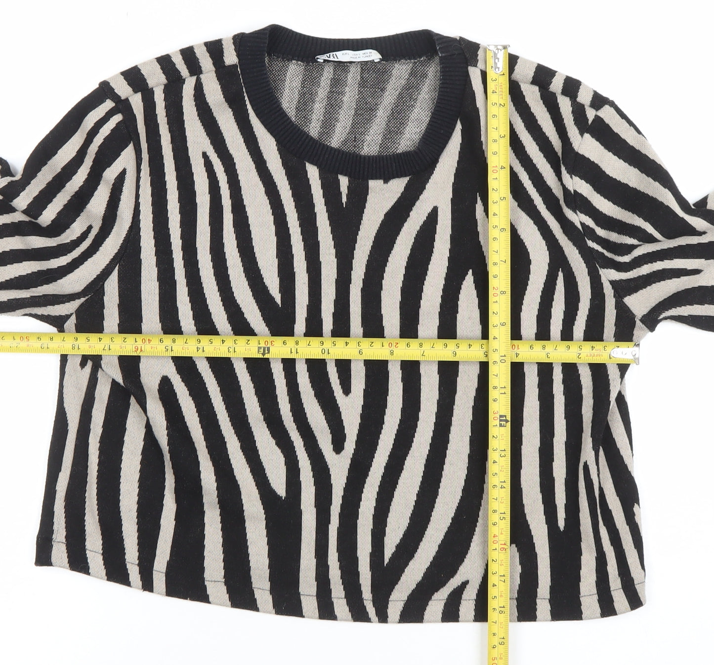 ZARA Women Black Beige Zebra Print Cropped Knit Top L