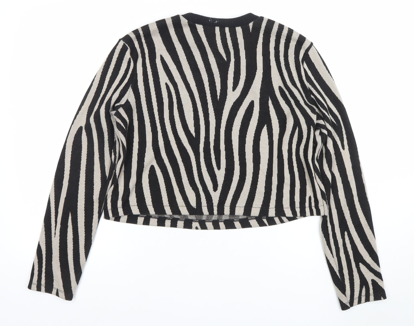 ZARA Women Black Beige Zebra Print Cropped Knit Top L