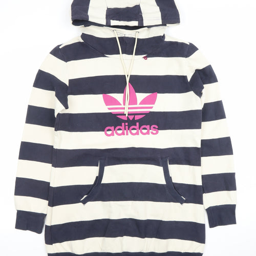 Adidas Women Navy & White Striped Pullover Hoodie Size 10 Cotton