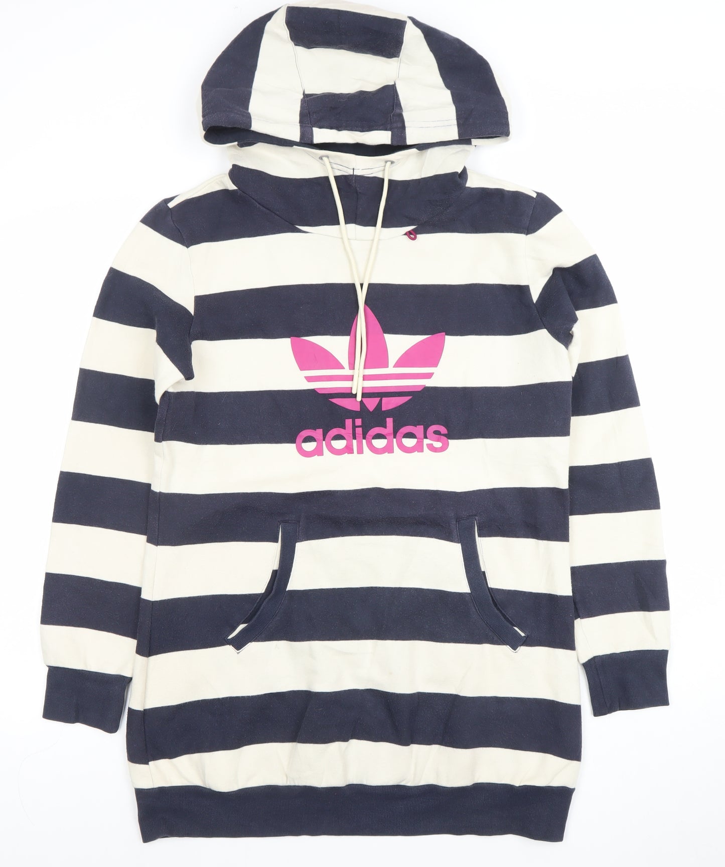Adidas Women Navy & White Striped Pullover Hoodie Size 10 Cotton