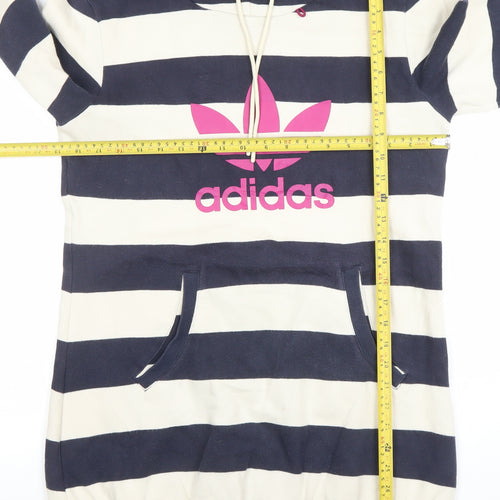 Adidas Women Navy & White Striped Pullover Hoodie Size 10 Cotton