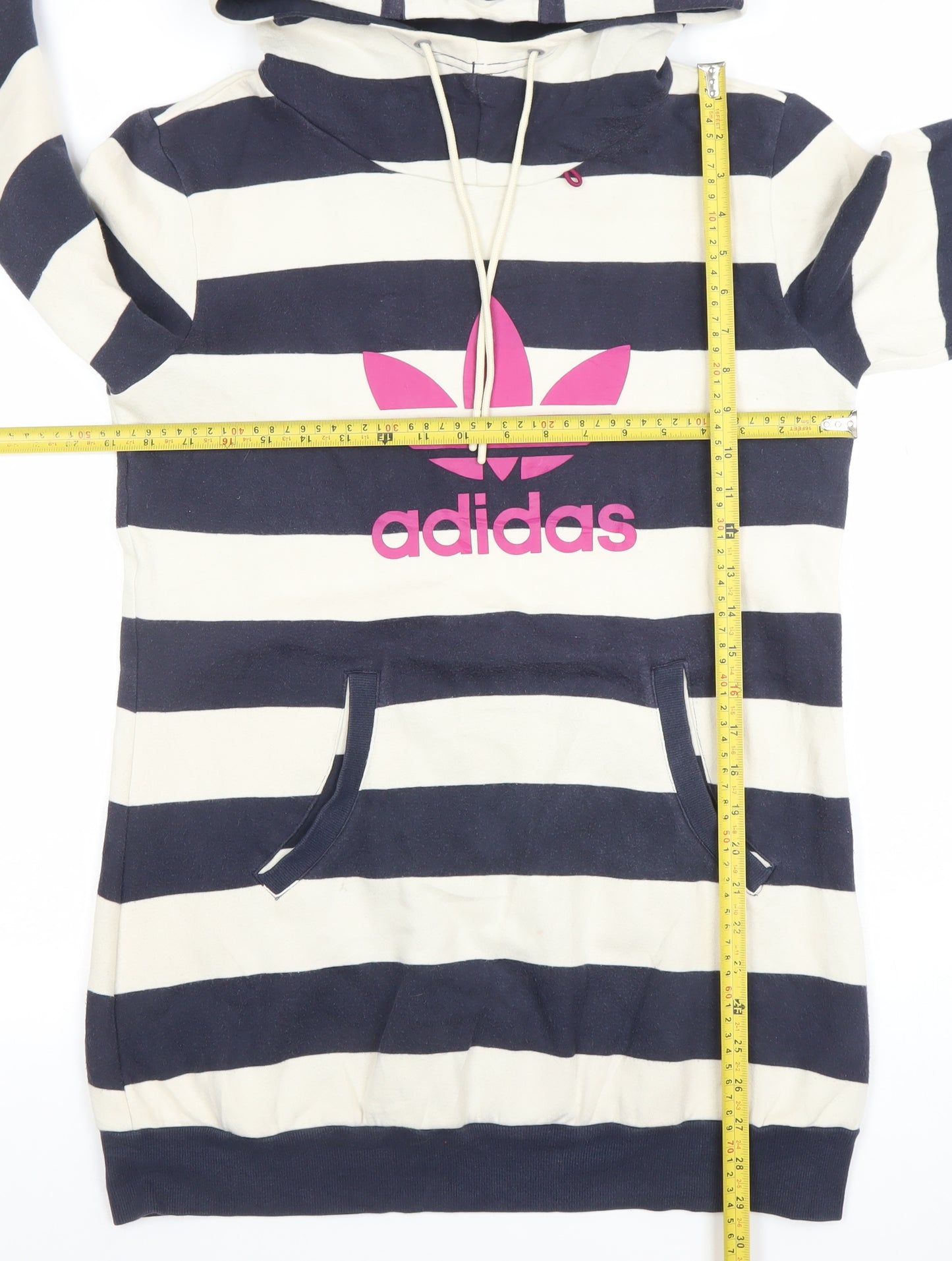 Adidas Women Navy & White Striped Pullover Hoodie Size 10 Cotton