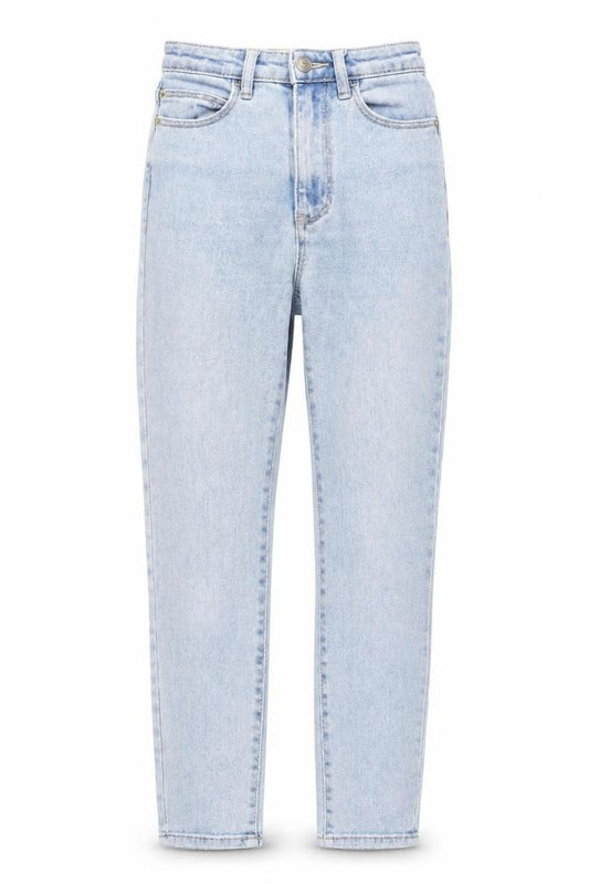 Front view of Stradivarius Women’s Blue Mom Jeans, size UK 4, High Rise Denim