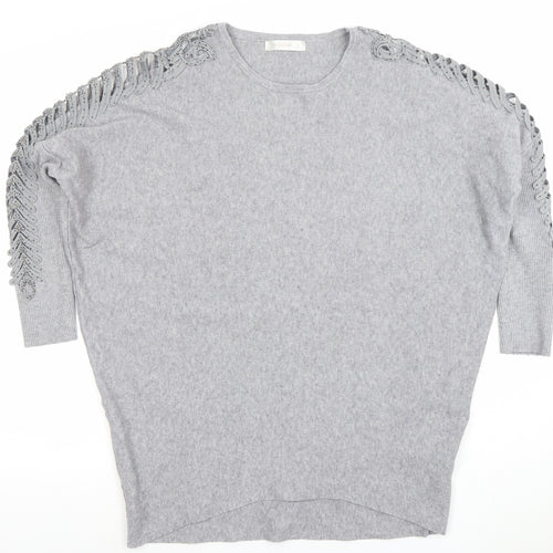 HC LOCRINE Womens Grey Knit Tunic Top One Size Relaxed Fit Crochet Detail
