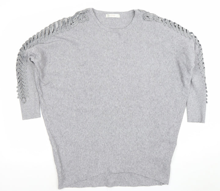 HC LOCRINE Womens Grey Knit Tunic Top One Size Relaxed Fit Crochet Detail