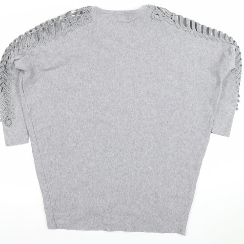 HC LOCRINE Womens Grey Knit Tunic Top One Size Relaxed Fit Crochet Detail