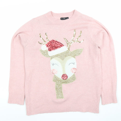 F&F Women’s Pink Sequin Reindeer Christmas Jumper Size 14