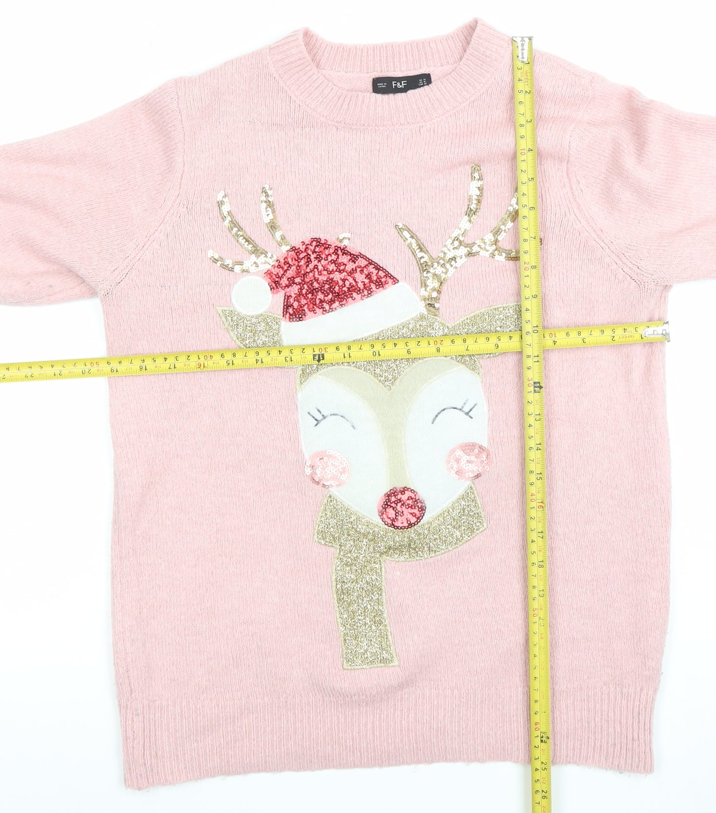 F&F Women’s Pink Sequin Reindeer Christmas Jumper Size 14