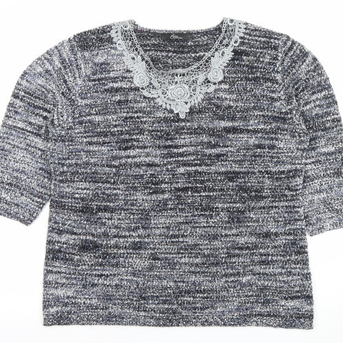 BM Collection Women's Grey Lace Neck Chunky Knit Pullover Jumper L