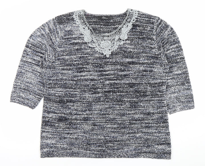 BM Collection Women's Grey Lace Neck Chunky Knit Pullover Jumper L