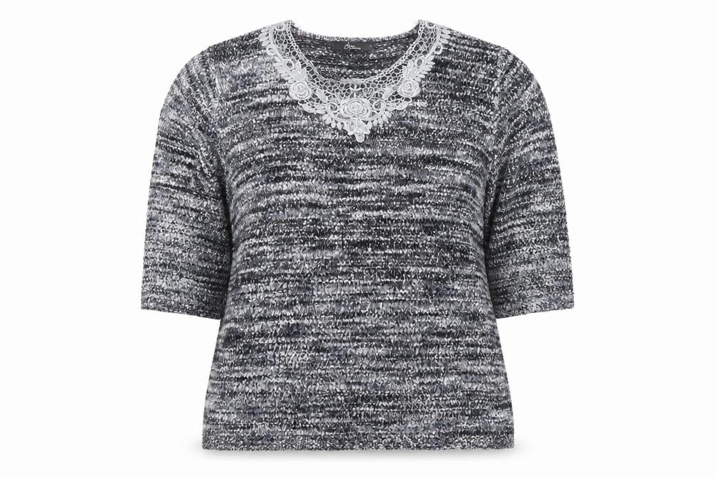 Front view of Bonmarché Women's Grey Lace Neck Chunky Knit jumper L