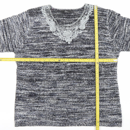 BM Collection Women's Grey Lace Neck Chunky Knit Pullover Jumper L