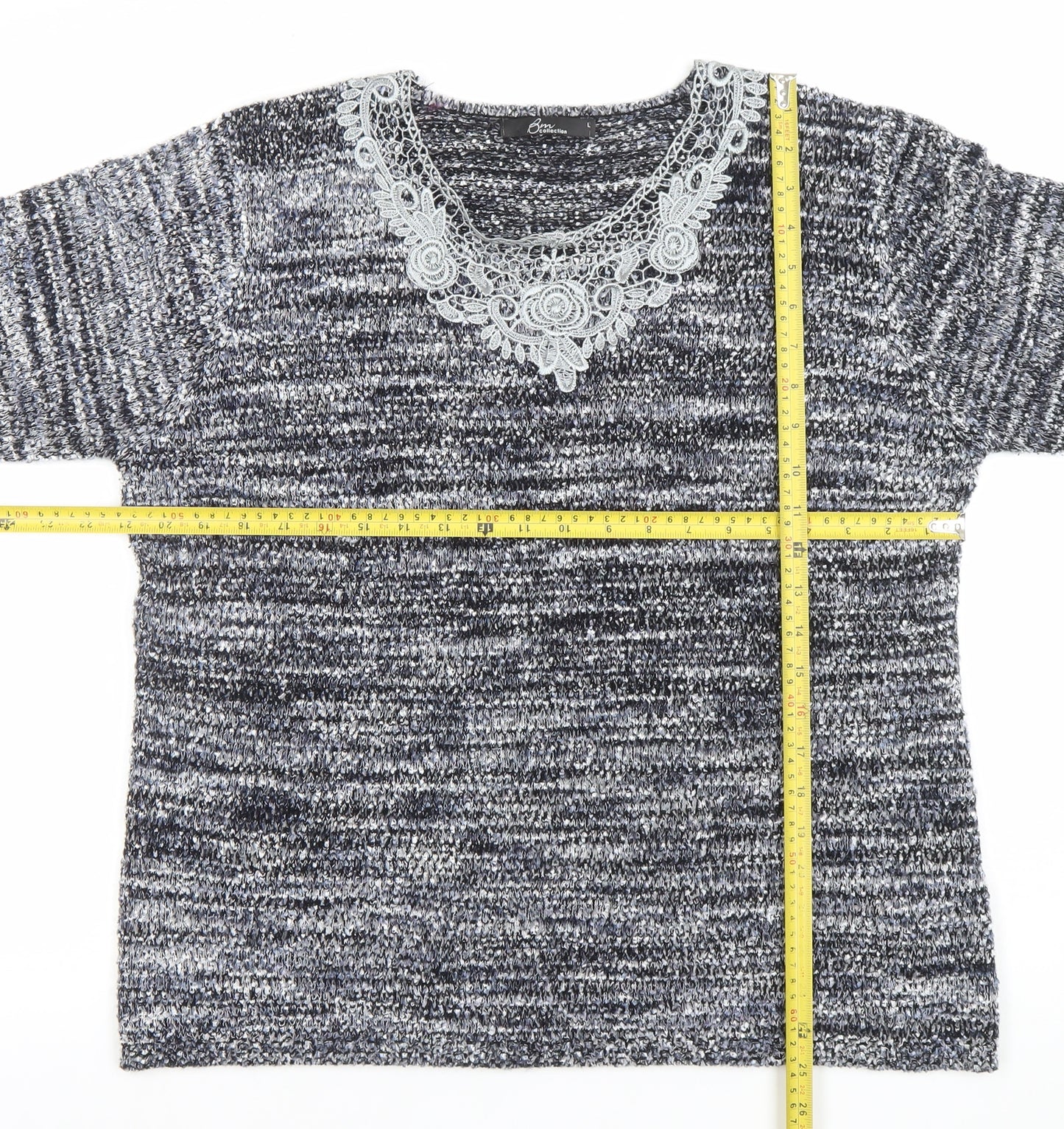 BM Collection Women's Grey Lace Neck Chunky Knit Pullover Jumper L