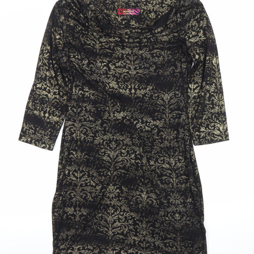 Next Women Black Gold Bodycon Dress M 3/4 Sleeve Cowl Neck Party