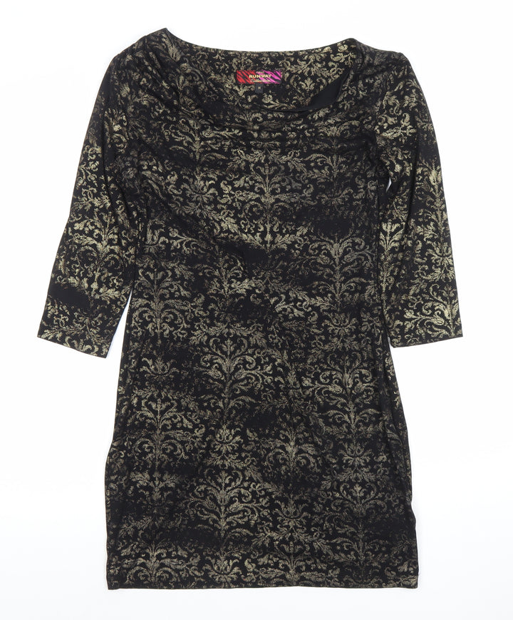 Next Women Black Gold Bodycon Dress M 3/4 Sleeve Cowl Neck Party