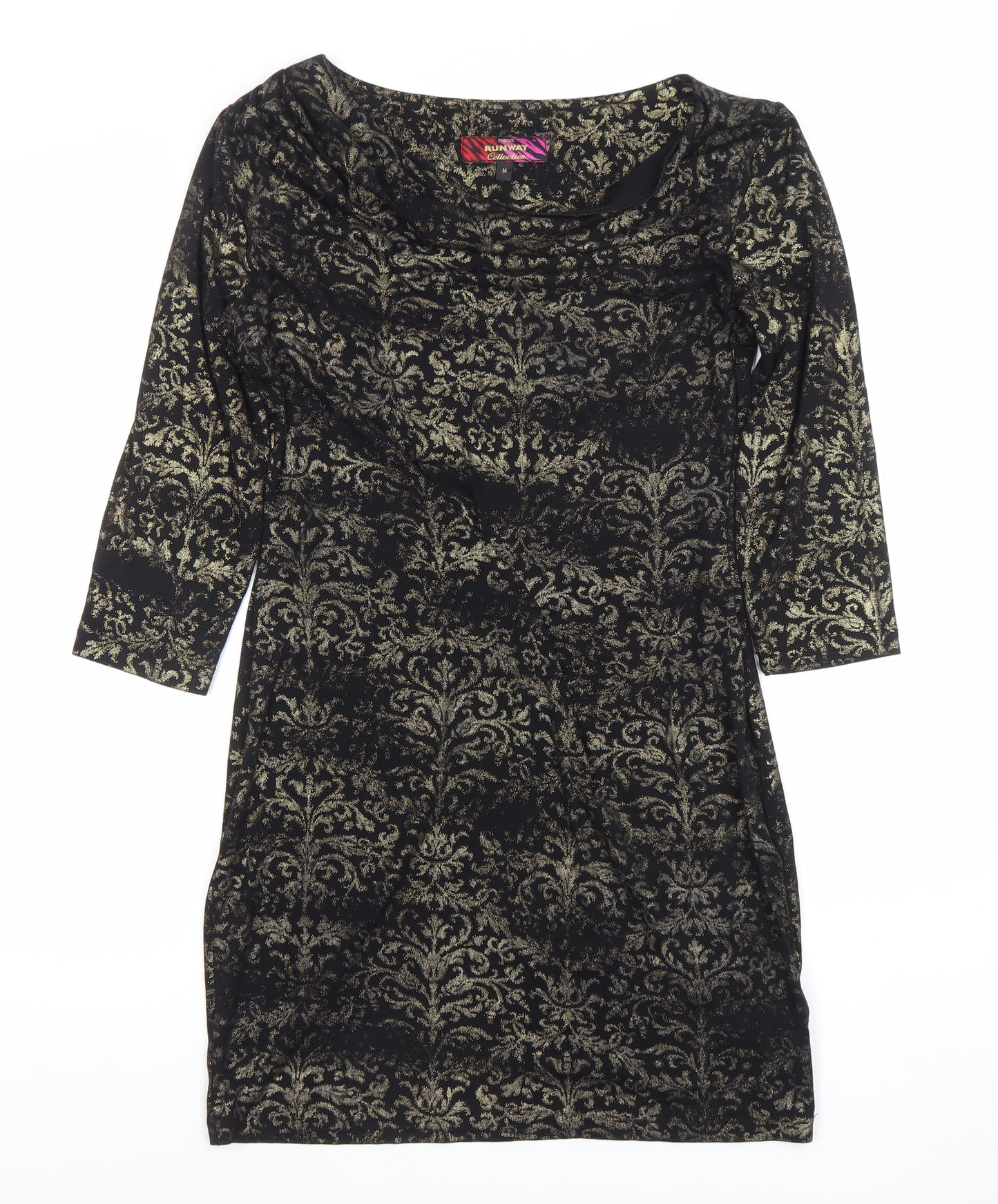 Next Women Black Gold Bodycon Dress M 3/4 Sleeve Cowl Neck Party