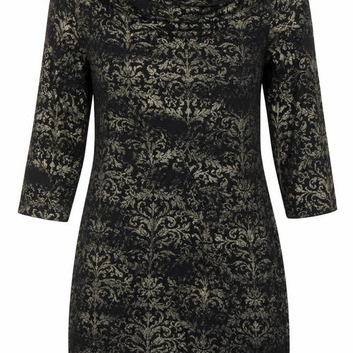 Next Women Black Gold Bodycon Dress M 3/4 Sleeve Cowl Neck Party