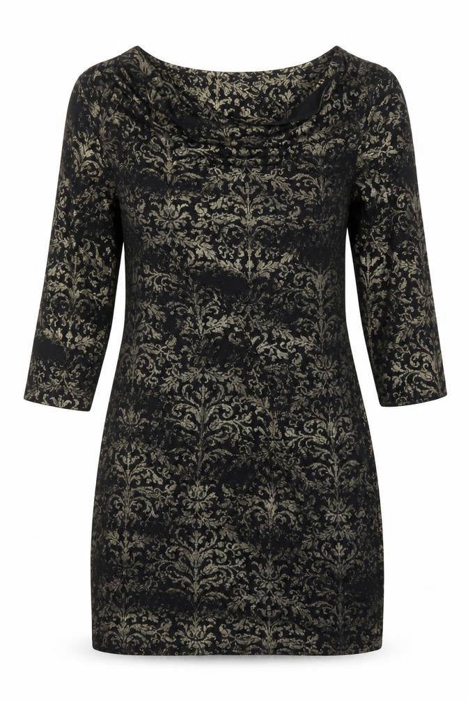 Next Women Black Gold Bodycon Dress M 3/4 Sleeve Cowl Neck Party