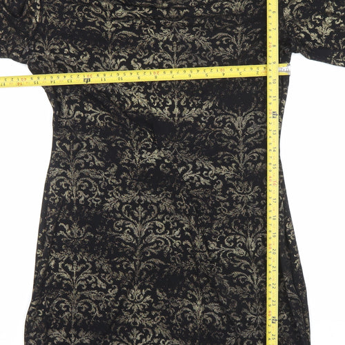 Next Women Black Gold Bodycon Dress M 3/4 Sleeve Cowl Neck Party