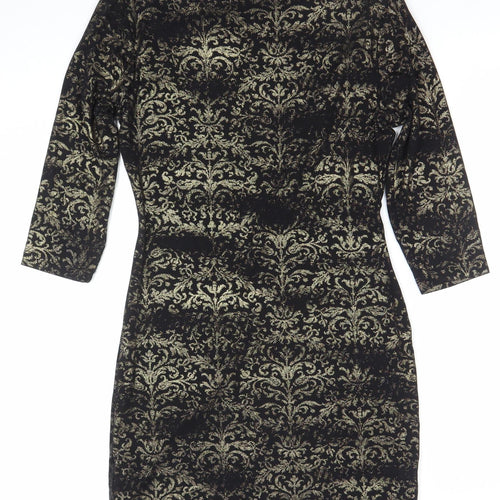 Next Women Black Gold Bodycon Dress M 3/4 Sleeve Cowl Neck Party