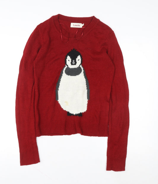 Louche Womens Red Penguin Knit Pullover Jumper Size S
