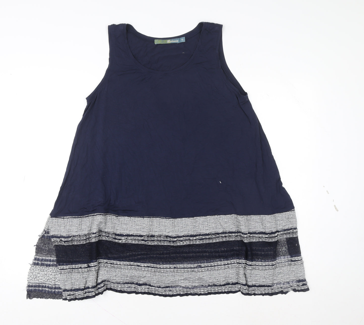 Bohemia Women Blue Lace Hem Rayon Tunic Tank Top Size S