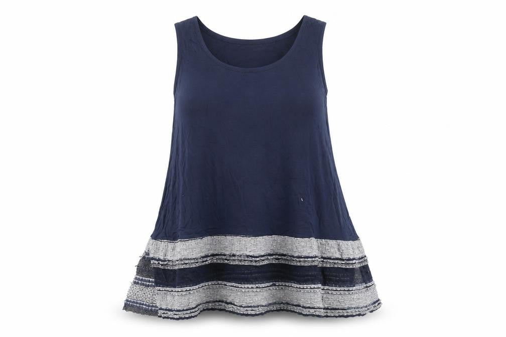 Bohemia Women Blue Lace Hem Rayon Tunic Tank Top Size S