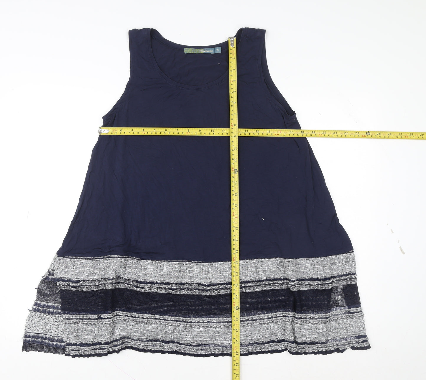 Bohemia Women Blue Lace Hem Rayon Tunic Tank Top Size S