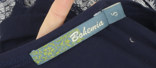 Bohemia Women Blue Lace Hem Rayon Tunic Tank Top Size S
